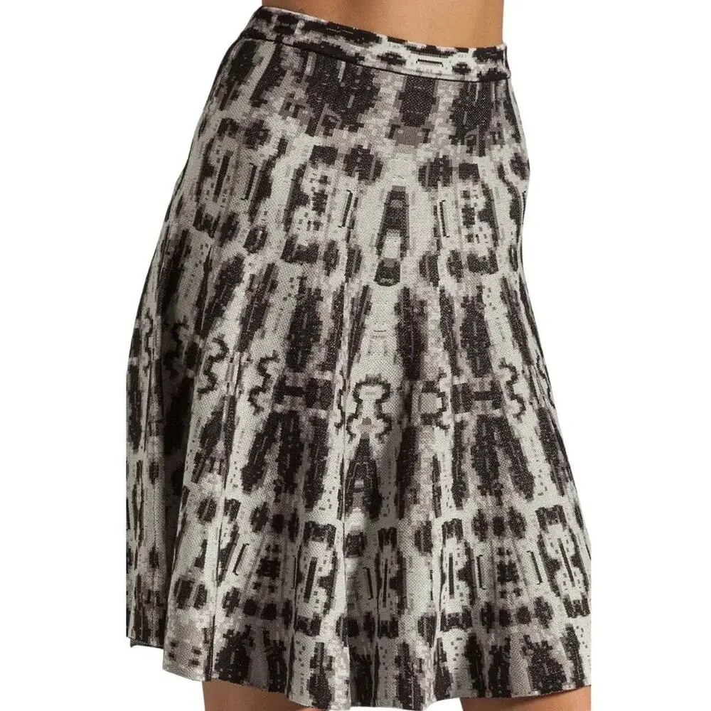 BCBGMaxazria Albie Black & Gray Silk Midi A-Line Skirt Size Large